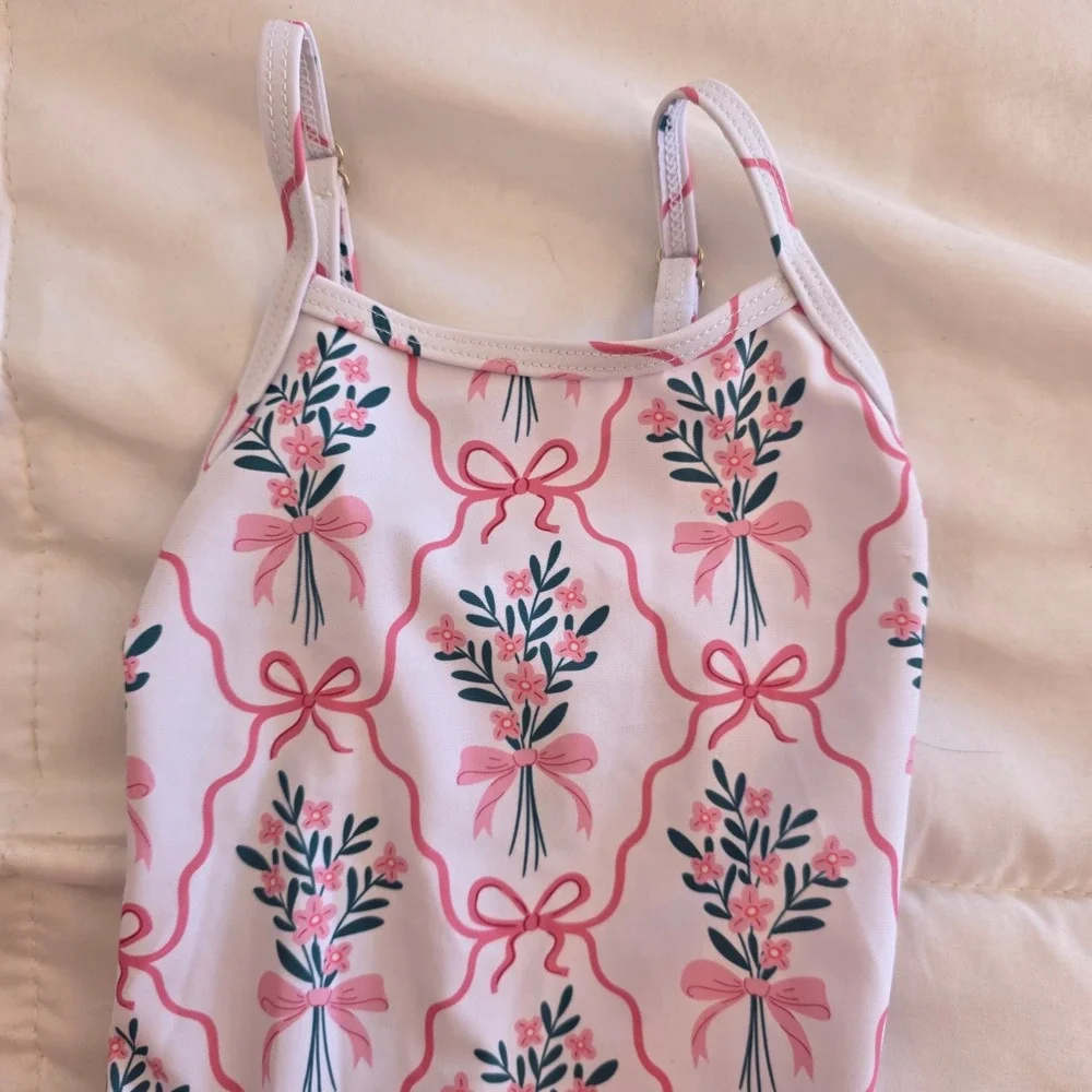 Victorias Vintage Jewels Girls Floral White One Piece Swimsuit Bow Print Size 5Y